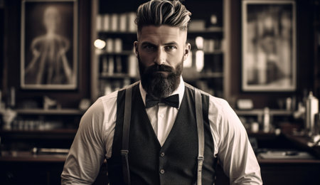man with beard behind the counter at barber shopの素材