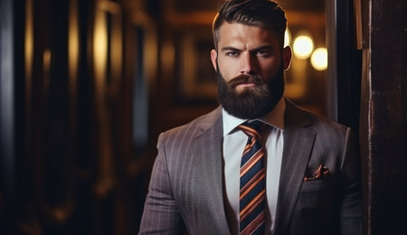 man with beard and a striped tie is looking at the camera,の素材