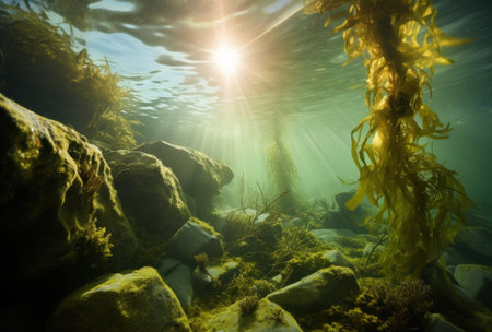 kelp and algae underwater in the sunlight,の素材