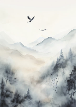 one of the birds is flying by mountain range,の素材