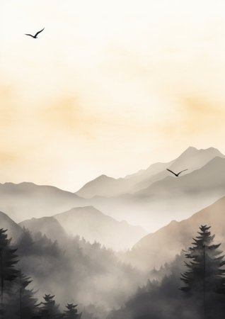 one of the birds is flying by mountain range,の素材