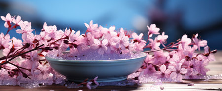 a bowl of salt with lilac flowers around it,の素材