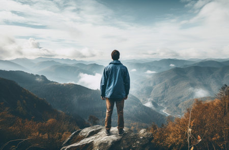 a man is standing on the top of mountains,の素材