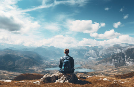 a man is standing on the top of mountains,の素材