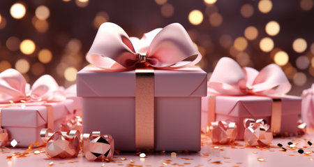a pink gift box surrounded by gold confetti and pink bows on a pink background,の素材