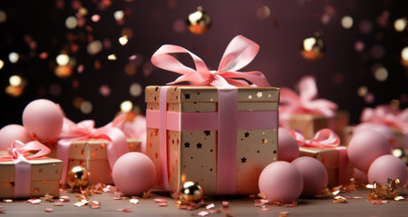 a pink gift box surrounded by gold confetti and pink bows on a pink background,の素材