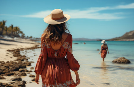 a woman walks across the beach holding a hat,の素材