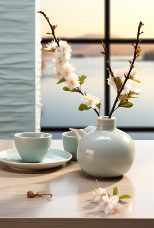 a white coffee table with an orange chair and a white vase, iの素材