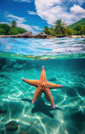 a starfish is sitting on a beach with clear water,の素材