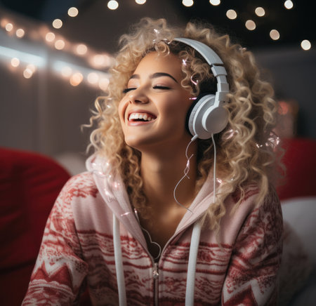 a woman wearing a christmas jumper and listening to music isolatedの素材