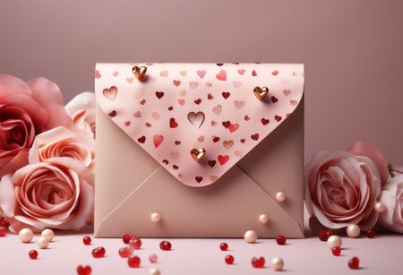 an envelope on pink and white background with hearts inside,の素材