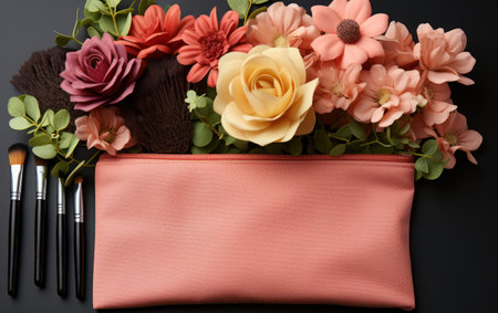 cosmetic makeup bag with accessories, cosmetics on a pink background,の素材