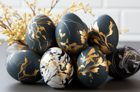 easter eggs with gold foil and eucalyptus green on marble,の素材