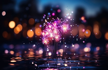 fireworks and sparklers shining in the late evening sky,の素材