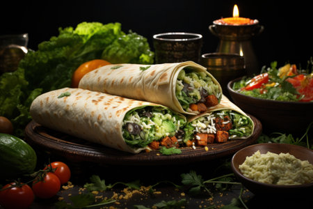 healthy meat and vegetable burrito with avocado, tomatoes, cucumbers, lettuce and tomatoes,の素材