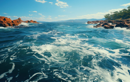 long slit deep ocean sea from the top of a boat moving at high speed at sunny sea,の素材