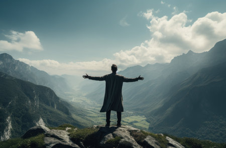 human looking to the sky over mountain,の素材
