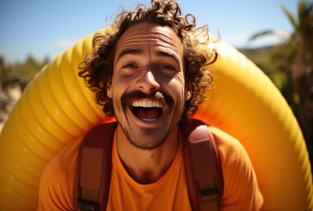 male man holding a yellow air tube happyの素材