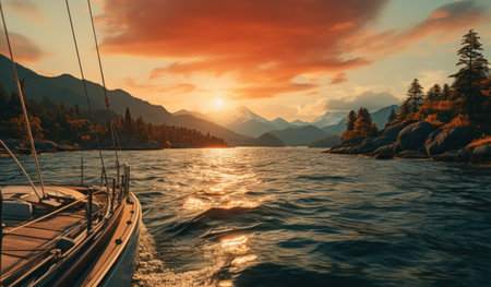 one sailboat is sailing out onto the ocean at sunrise,の素材