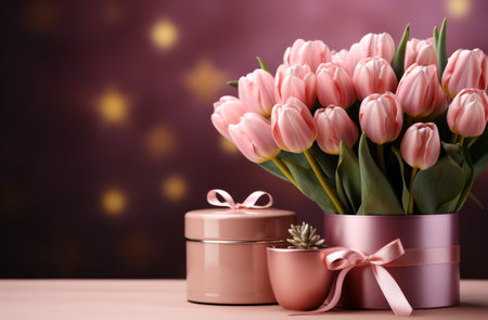 pink bouquet of tulips and gift box on pink background,の素材