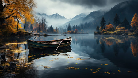 person in rowboat on lake in autumn landscape,の素材