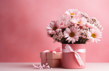 pink flower arrangement with boxes of flowers and a ribbon,の素材