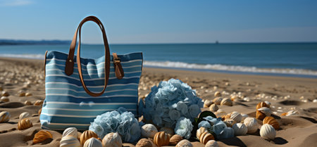 striped bag full of items and beach towels,の素材