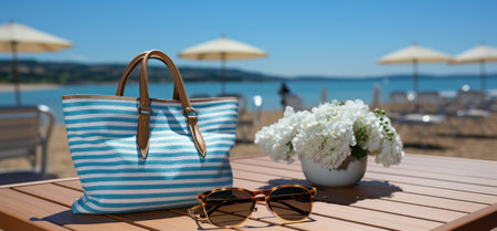 striped bag full of items and beach towels,の素材