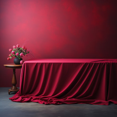 table with a blanket on a table with red background,の素材