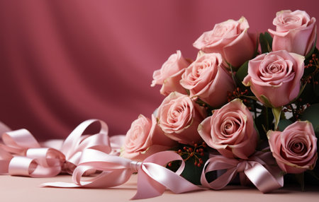 wedding gifts ribbons and roses on a pink background,の素材