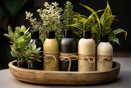 various product bottles and a plant in a basketの素材