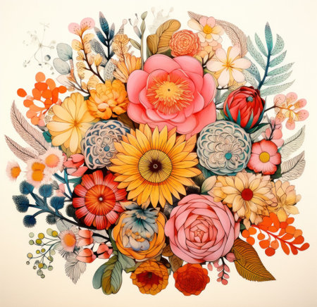 the round bouquet of flowers has floral ornaments on it,.の素材