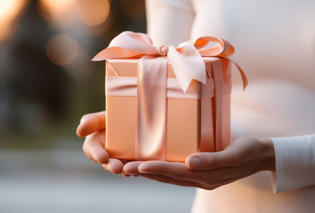 the white gift box is held up by a hand,.の素材