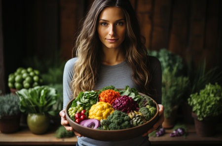 women hold up a bowl with various green vegetables, avocado, and mushroomsの素材