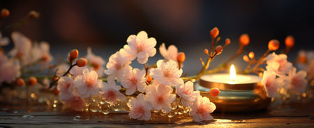 two candles with blossom flower on table with bokeh.の素材