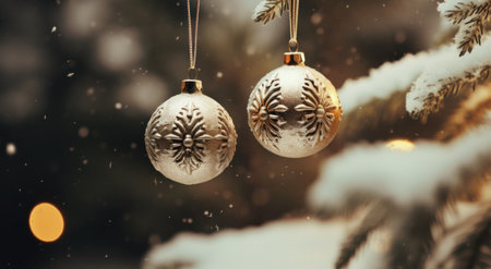 two snow topped Christmas ornaments hang from a fir tree,.の素材