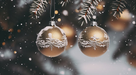 two snow topped Christmas ornaments hang from a fir tree,.の素材
