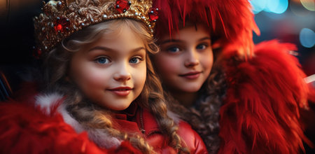 two young girls in red costumes sitting in a car with Christmas decorations.の素材