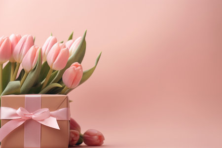Valentines Day gifts on a pink desktop pink ribbon and tulips.の素材
