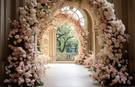 white and pink garden arch wedding.の素材