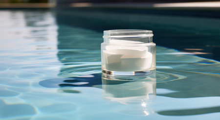 white jar with cream in shallow water.の素材