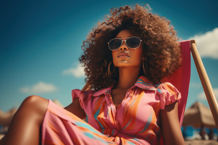 woman wearing sunglasses on deck chairs at the beach.の素材
