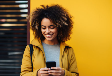 woman smiling near yellow background using a smartphone,.の素材