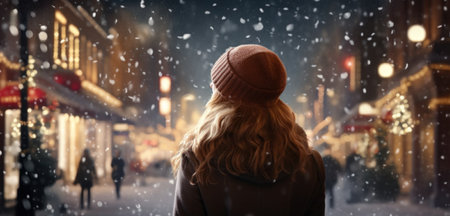 woman looking at the christmas snowfall in a city street,.