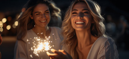 women laughing while holding sparklers,.の素材