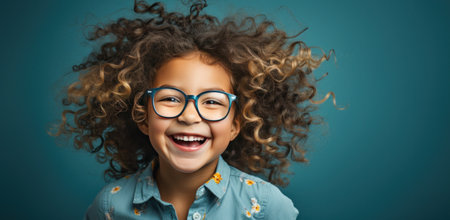 young girl with glasses smiling in blue background,.の素材