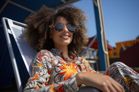 young woman sitting in a beach chair, in the style of Afro-Caribbean influence,.の素材