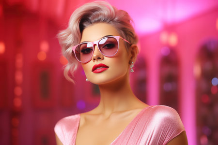 young pretty woman on pink background with sunglasses beauty.の素材