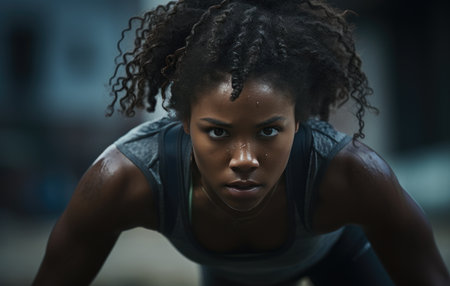 a black female runner clinging to the ground.の素材
