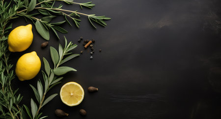a black board and rosemary, lemon, olive branches and leaves, natural texture.の素材